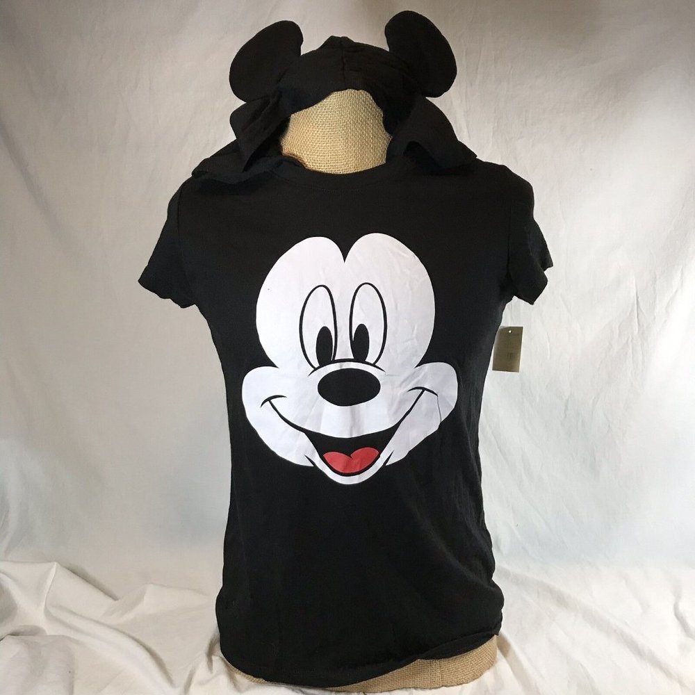 Disney Mickey Mouse Hooded T Shirt Short Sleeve Mouse Ears on Hood Black Juniors